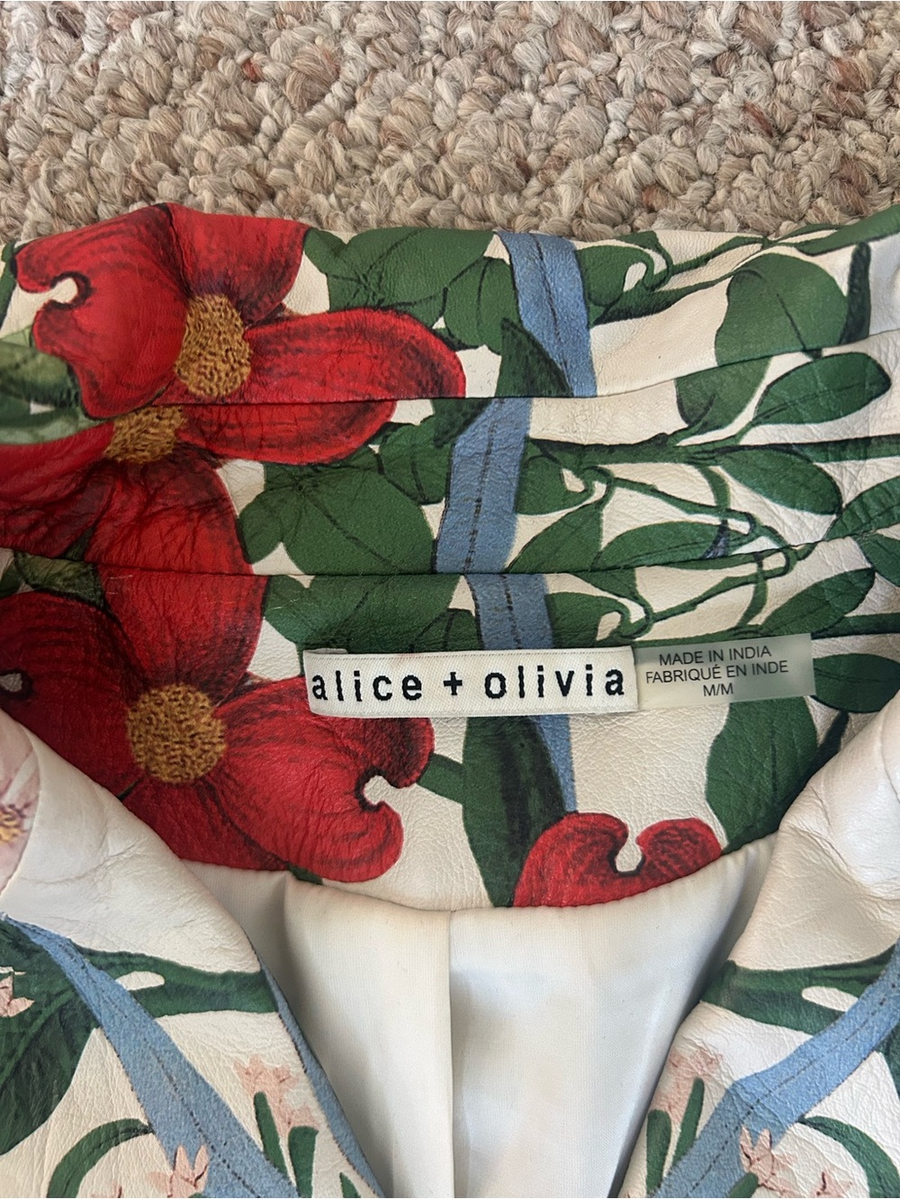 Alice + Olivia Cream Floral Leather Moto Jacket with Multicolor Blooms Size M - Picture 4 of 5